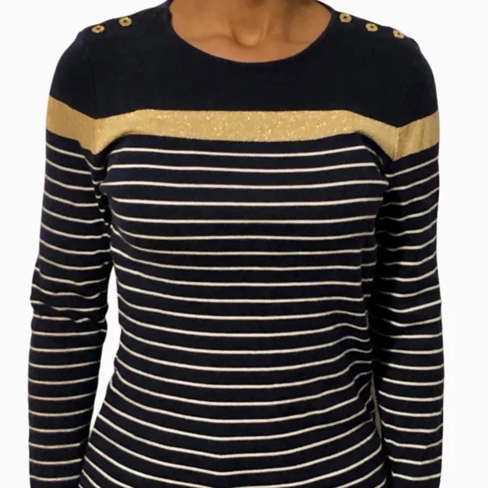 Lauren Ralph Lauren Navy Blue White Gold Stripe Cardigan/Sweater